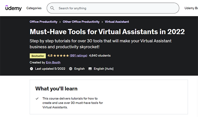 screenshot of Must-Have Tools for Virtual Assistants in 2022 course details