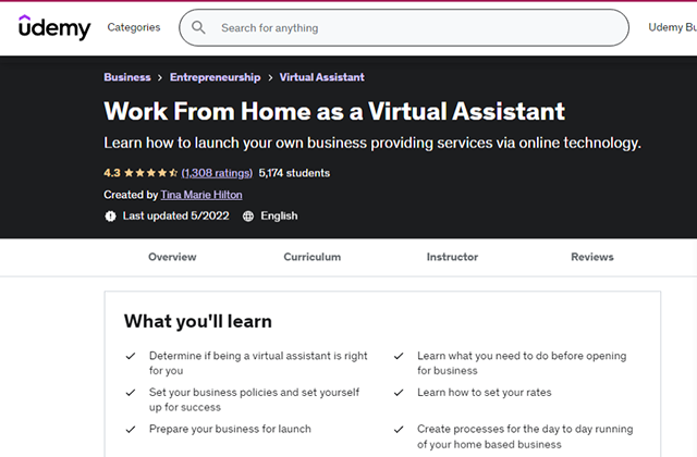 screenshot of Work From Home as a Virtual Assistant course details