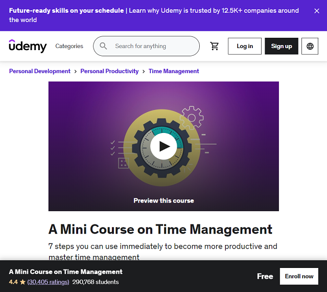 homepage of A Mini Course on Time Management course
