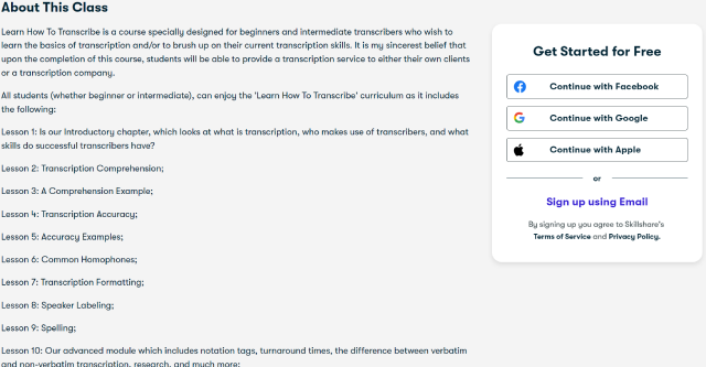 about section of the transcribing course