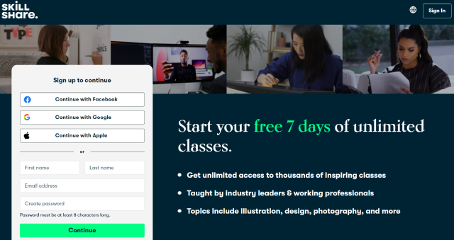 Skillshare signup page