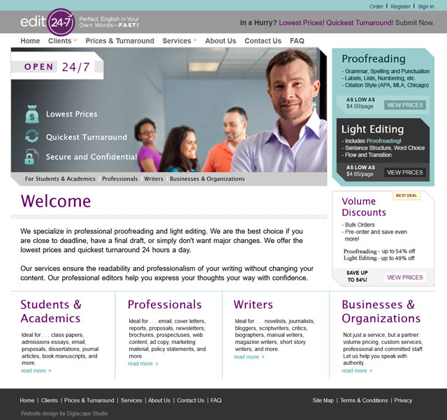 screenshot of edit247.com service page