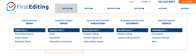 screenshot of firstediting.com service page