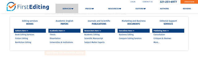 screenshot of firstediting.com service page