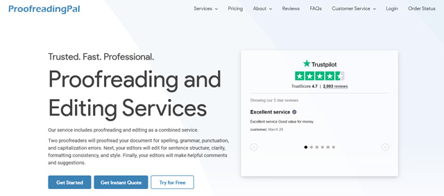 screenshot of proofreadingpal.com homepage