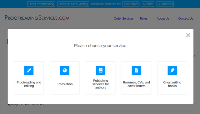 screenshot of ProofreadingServices.com services page
