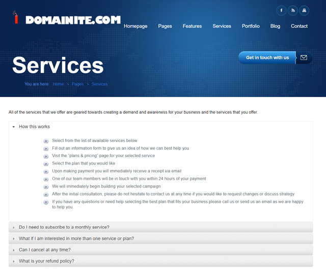 screenshot of domainite.com service page