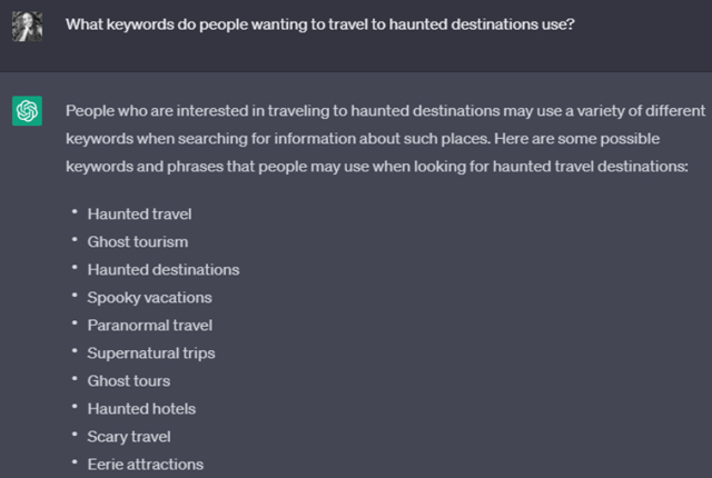 ChatGPT outputs relevant keywords on traveling to haunted places