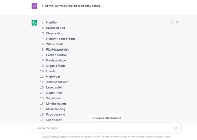 screenshot of ChatGPT results of “Find me keywords related to healthy eating”