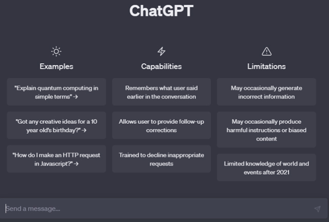 screenshot from ChatGPT showing chat input prompts, capabilities, and limitations