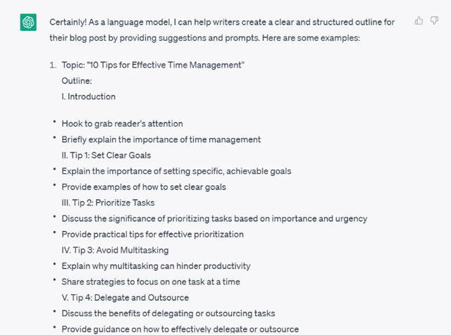 screenshot of “10 Tips for effective time management” outline generated using ChatGPT