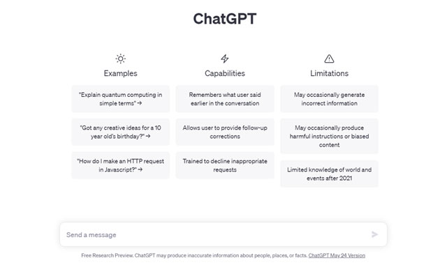 ChatGPT’s web page with “send a message” text box