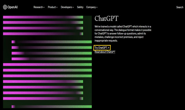 screenshot of the OpenAI website with the words “Try ChatGPT” marked in yellow