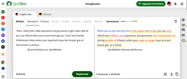 QuillBot paraphrasing original information