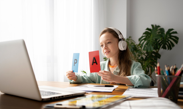 girl learning with laptop side view